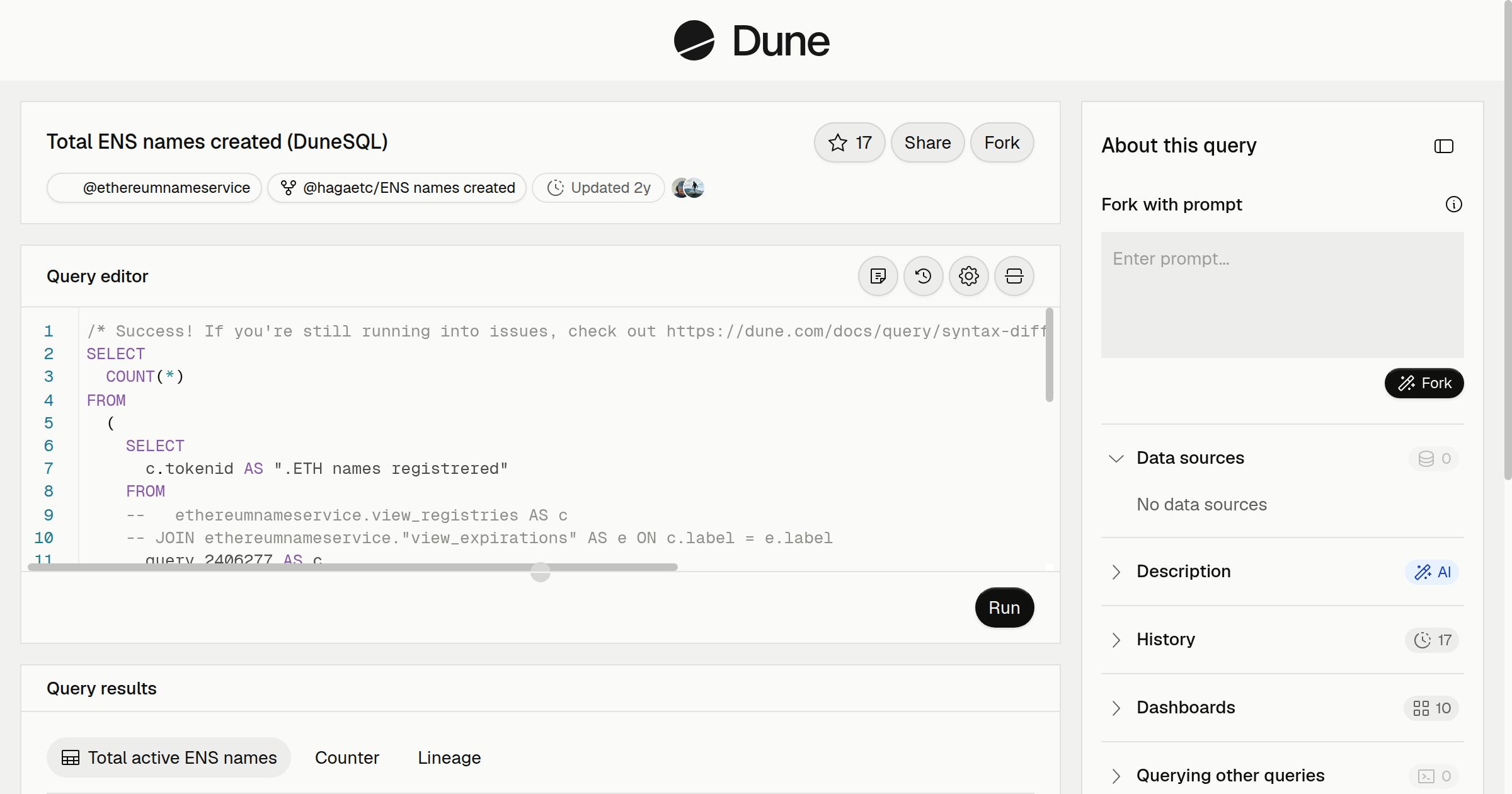 Total ENS names created (DuneSQL) | Dune