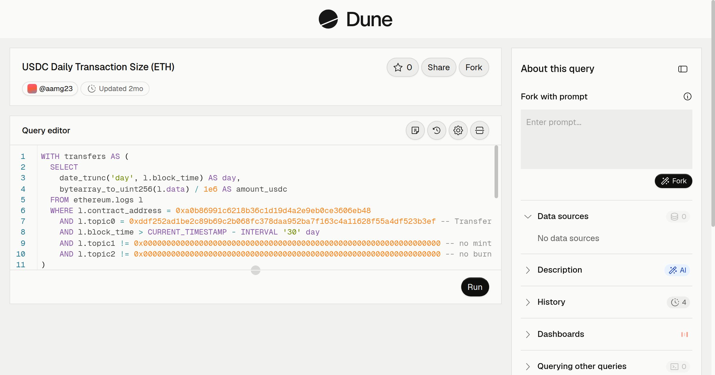 USDC Daily Transaction Size (ETH) | Dune