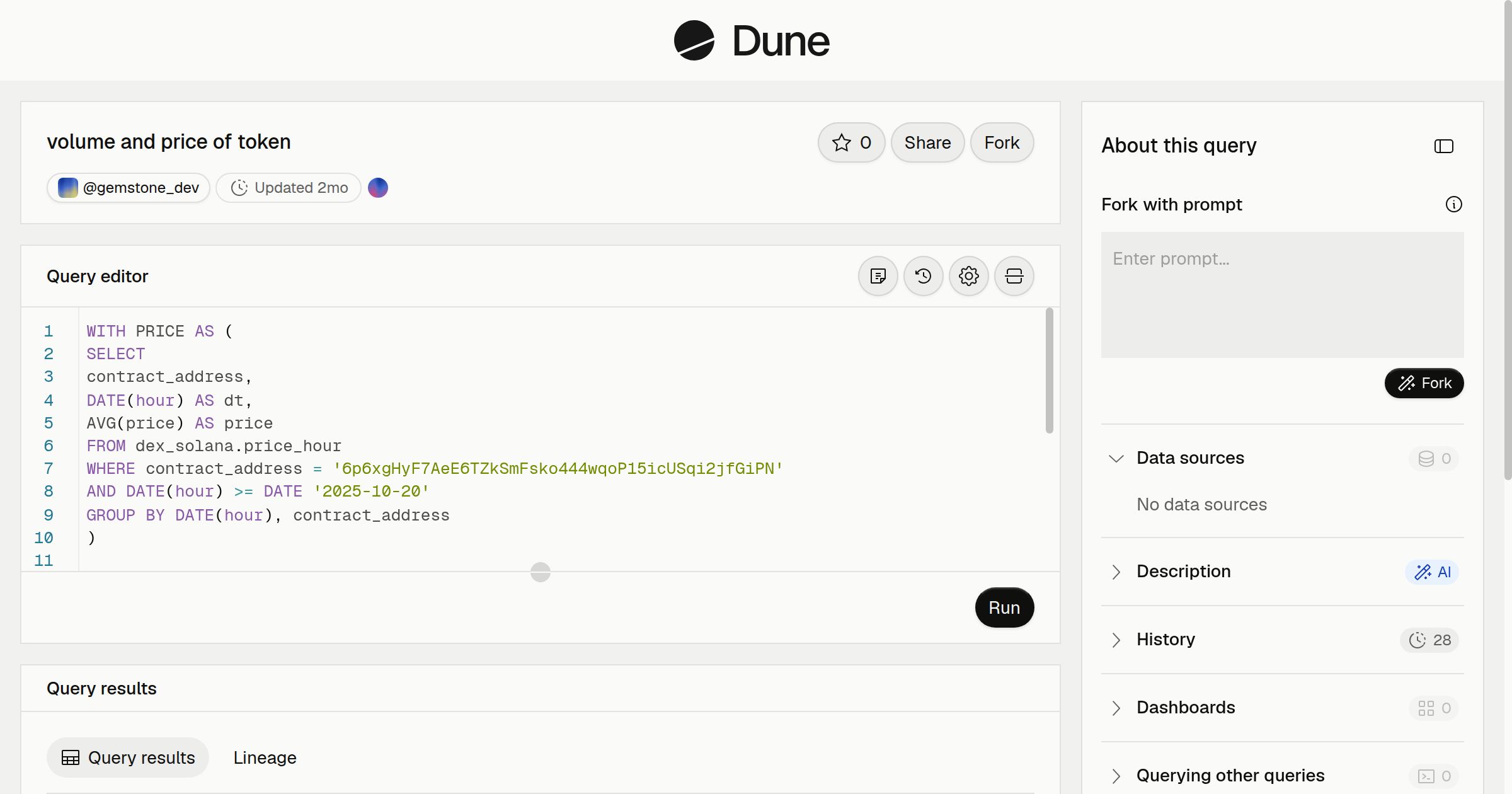 volume and price of token | Dune
