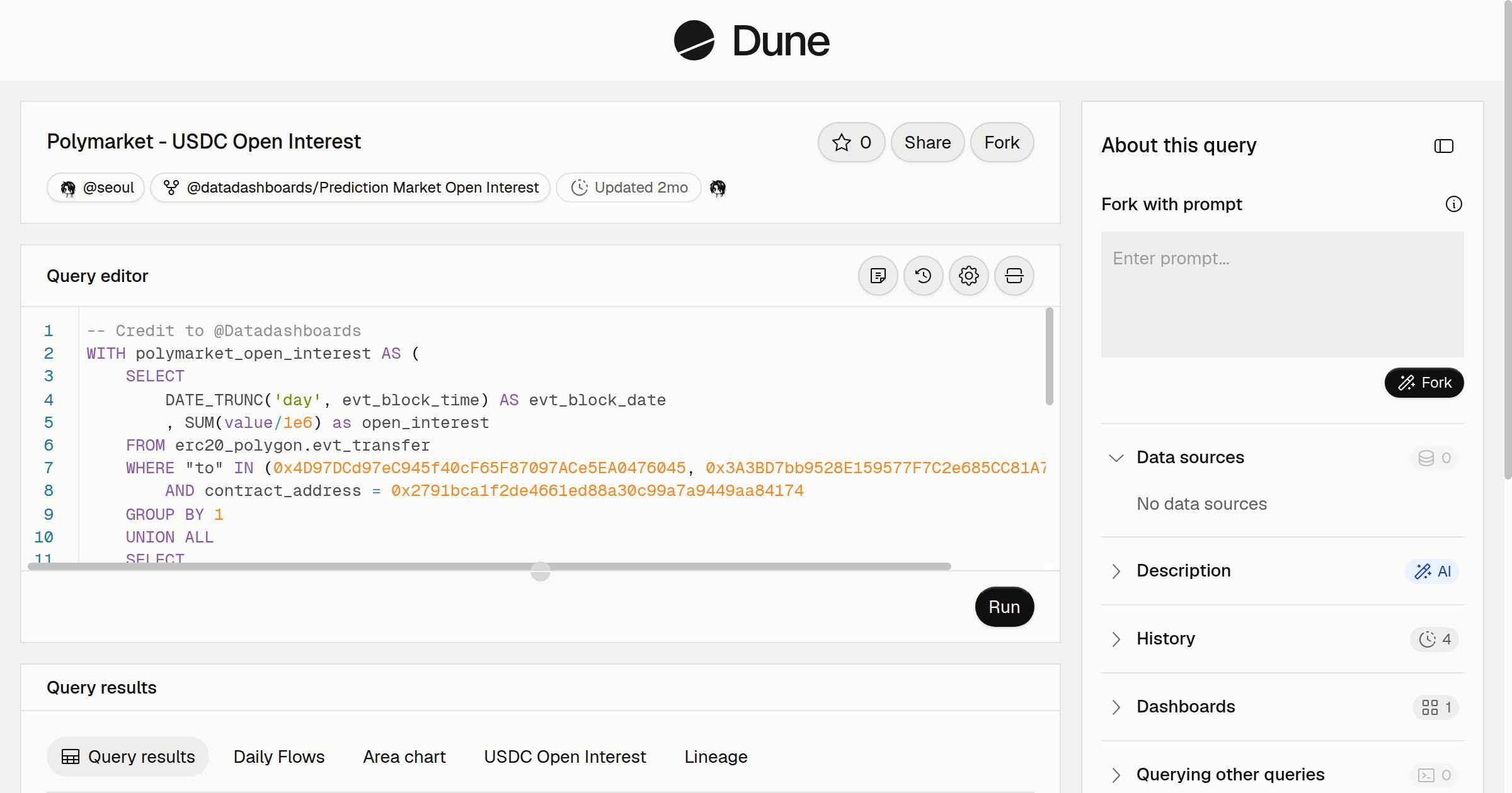 Polymarket - USDC Open Interest | Dune