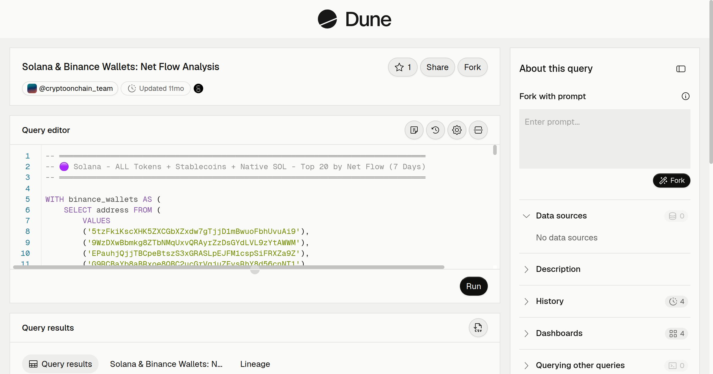 Solana & Binance Wallets: Net Flow Analysis | Dune