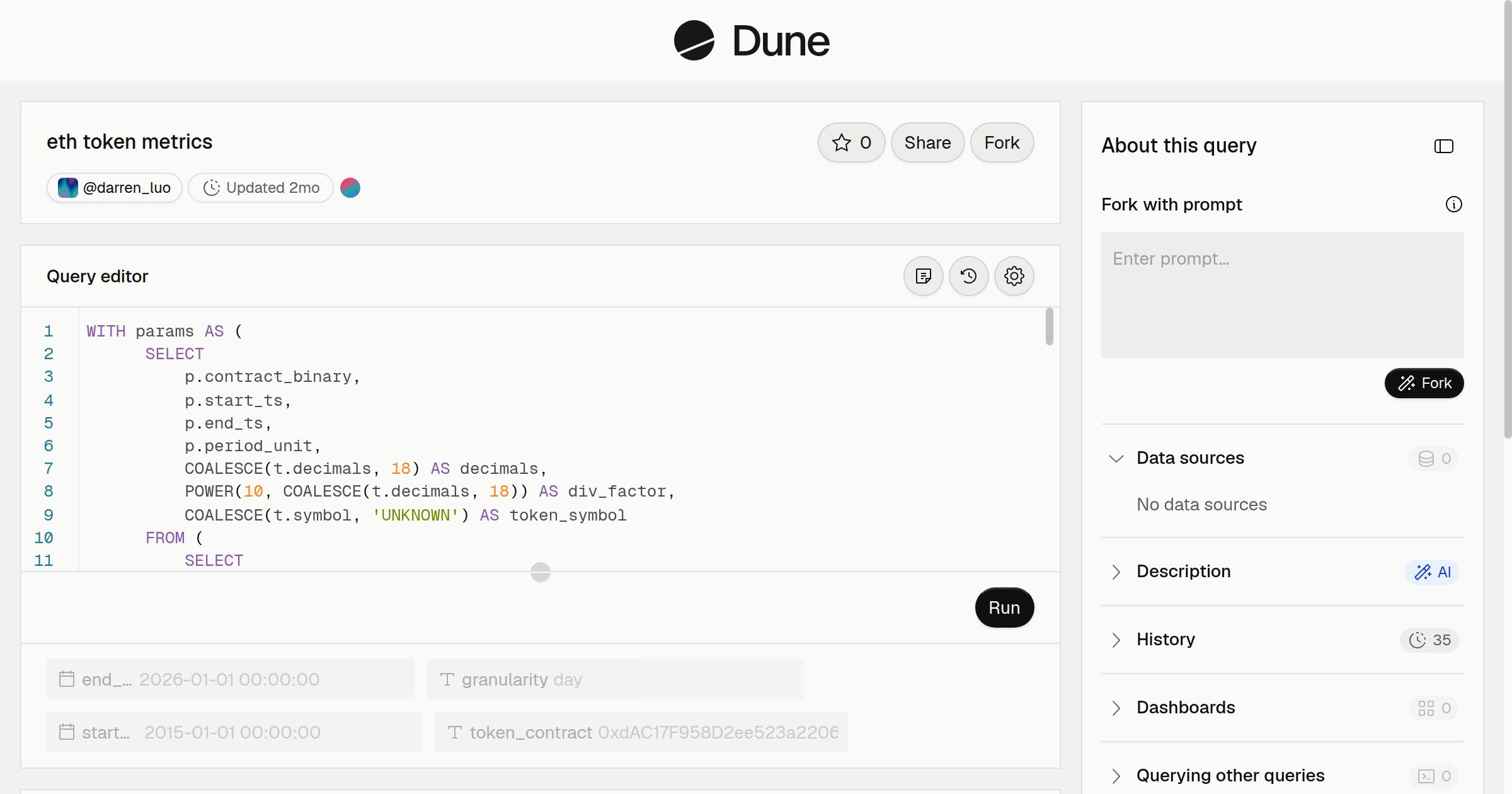 eth token metrics | Dune