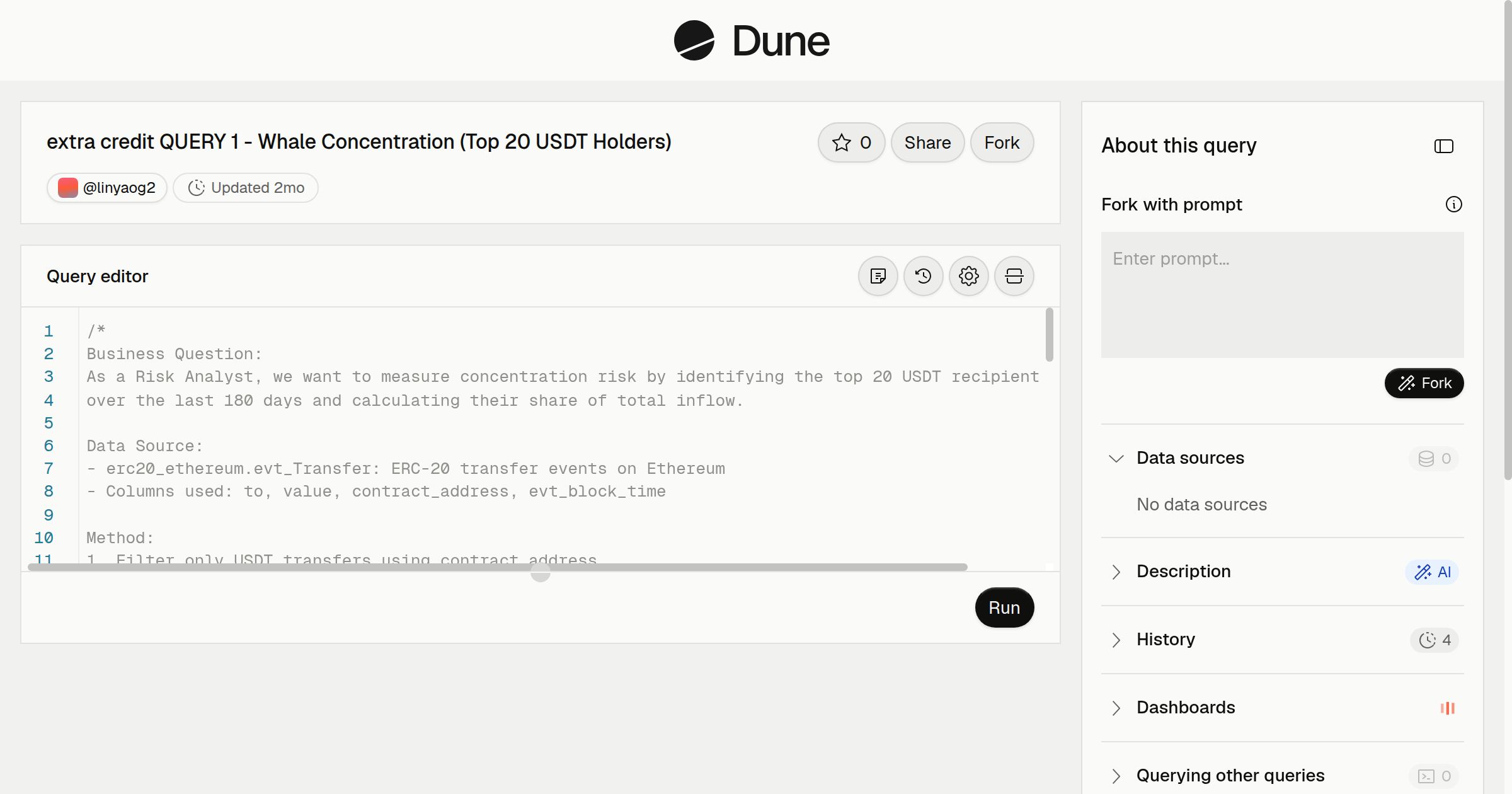 extra credit QUERY 1 - Whale Concentration (Top 20 USDT Holders) | Dune