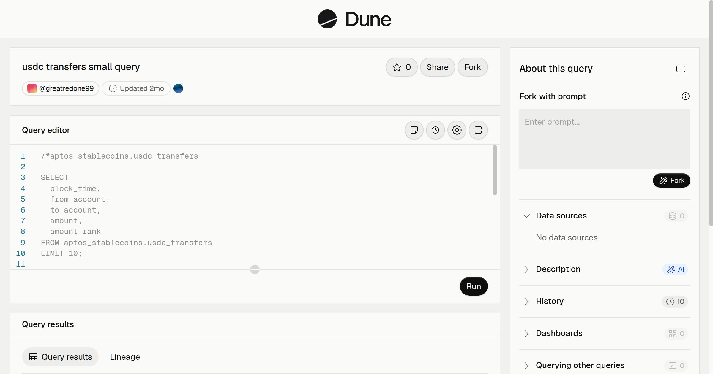 usdc transfers small query | Dune