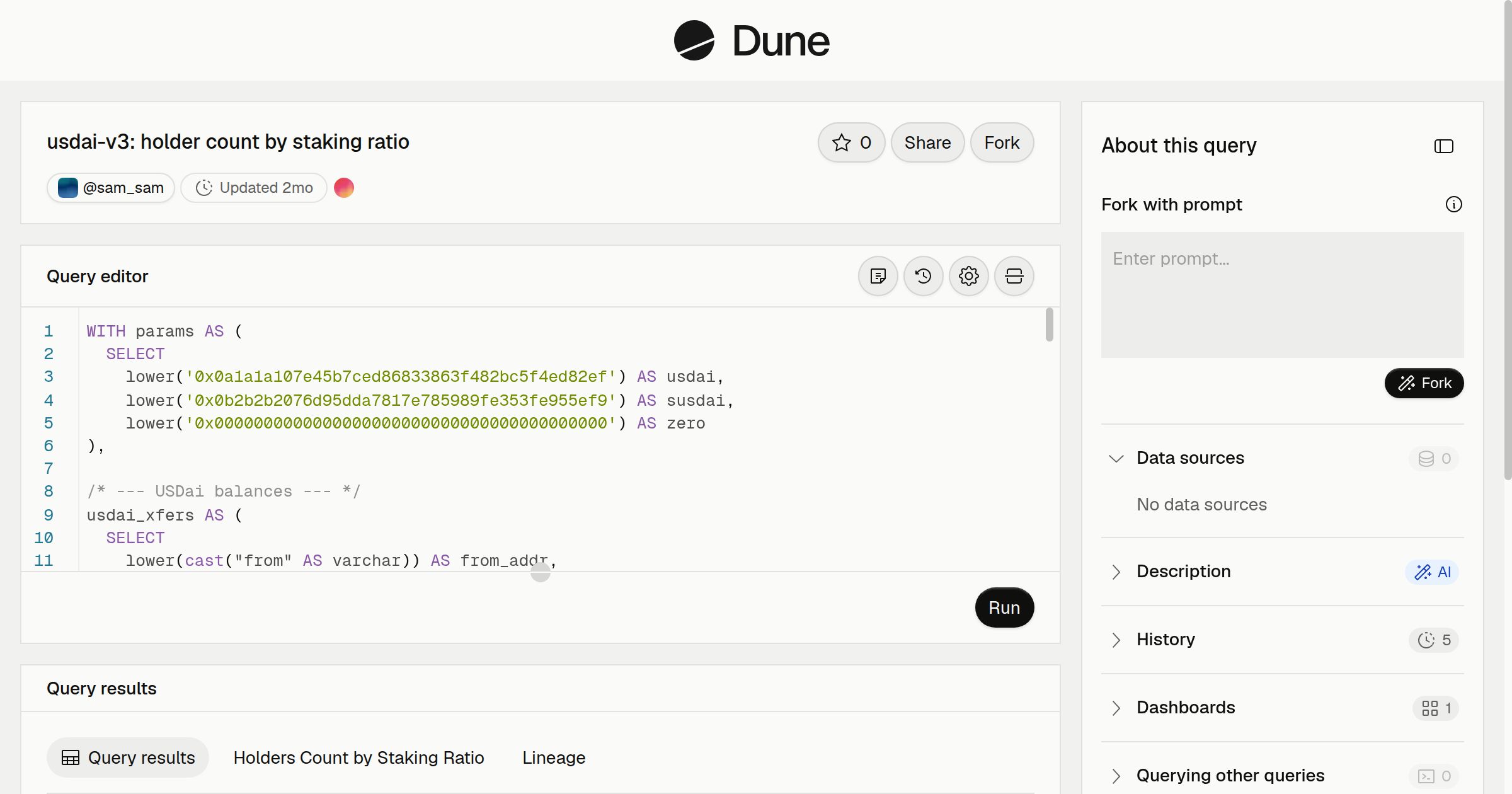 usdai-v3: holder count by staking ratio | Dune
