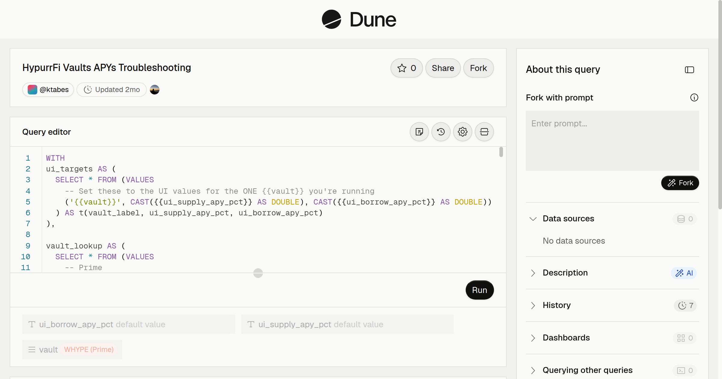 HypurrFi Vaults APYs Troubleshooting | Dune