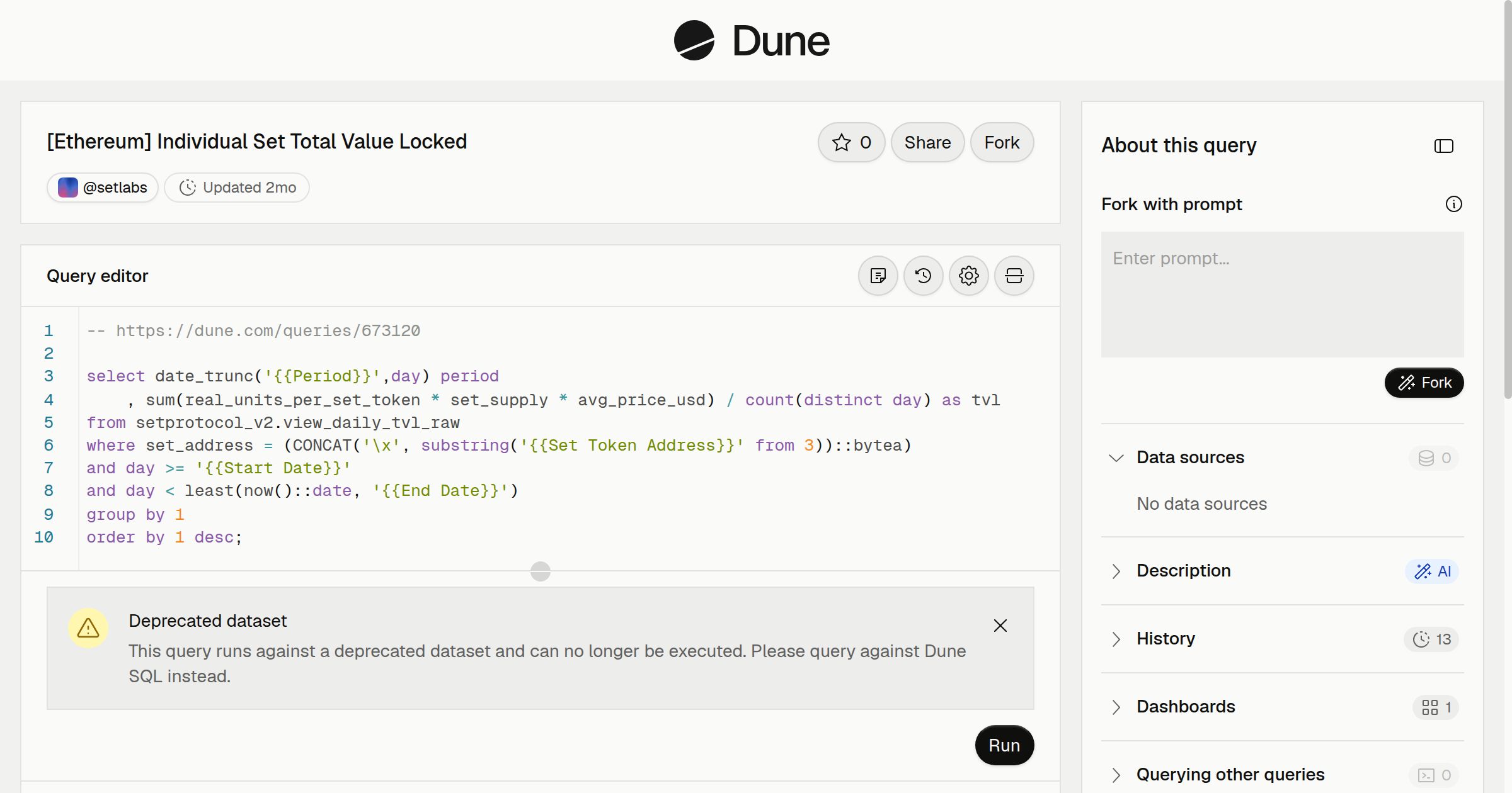 [Ethereum] Individual Set Total Value Locked | Dune
