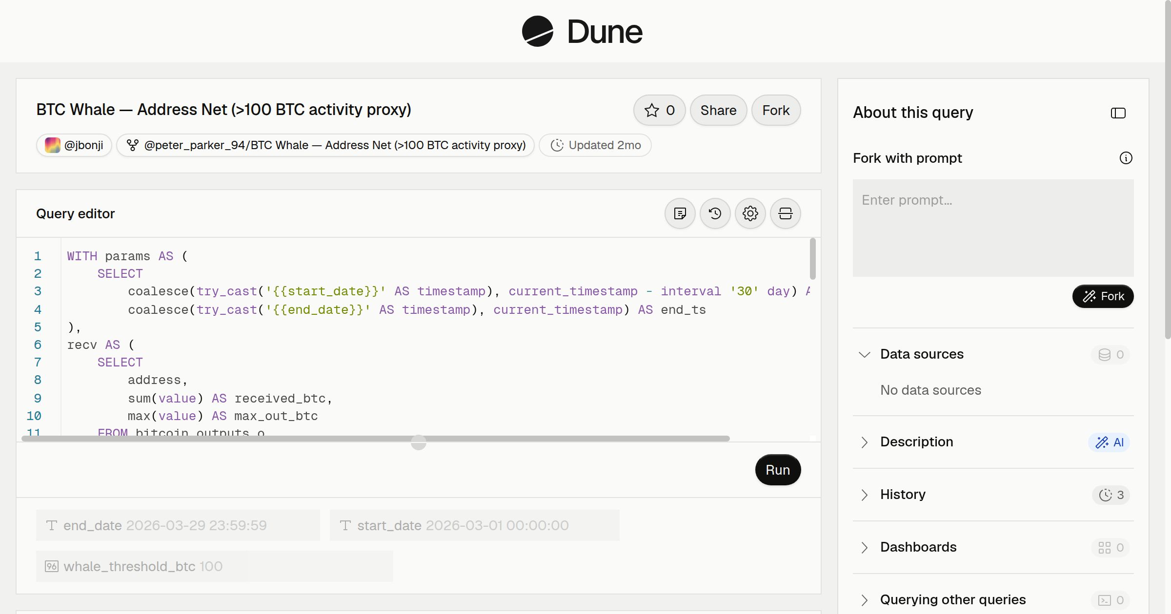 BTC Whale — Address Net (>100 BTC activity proxy) | Dune