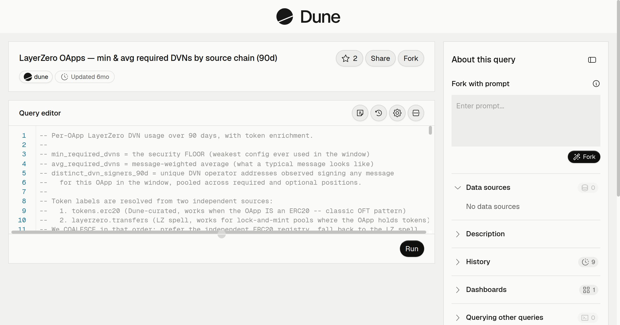 LayerZero OApps — min & avg required DVNs by source chain (90d) | Dune