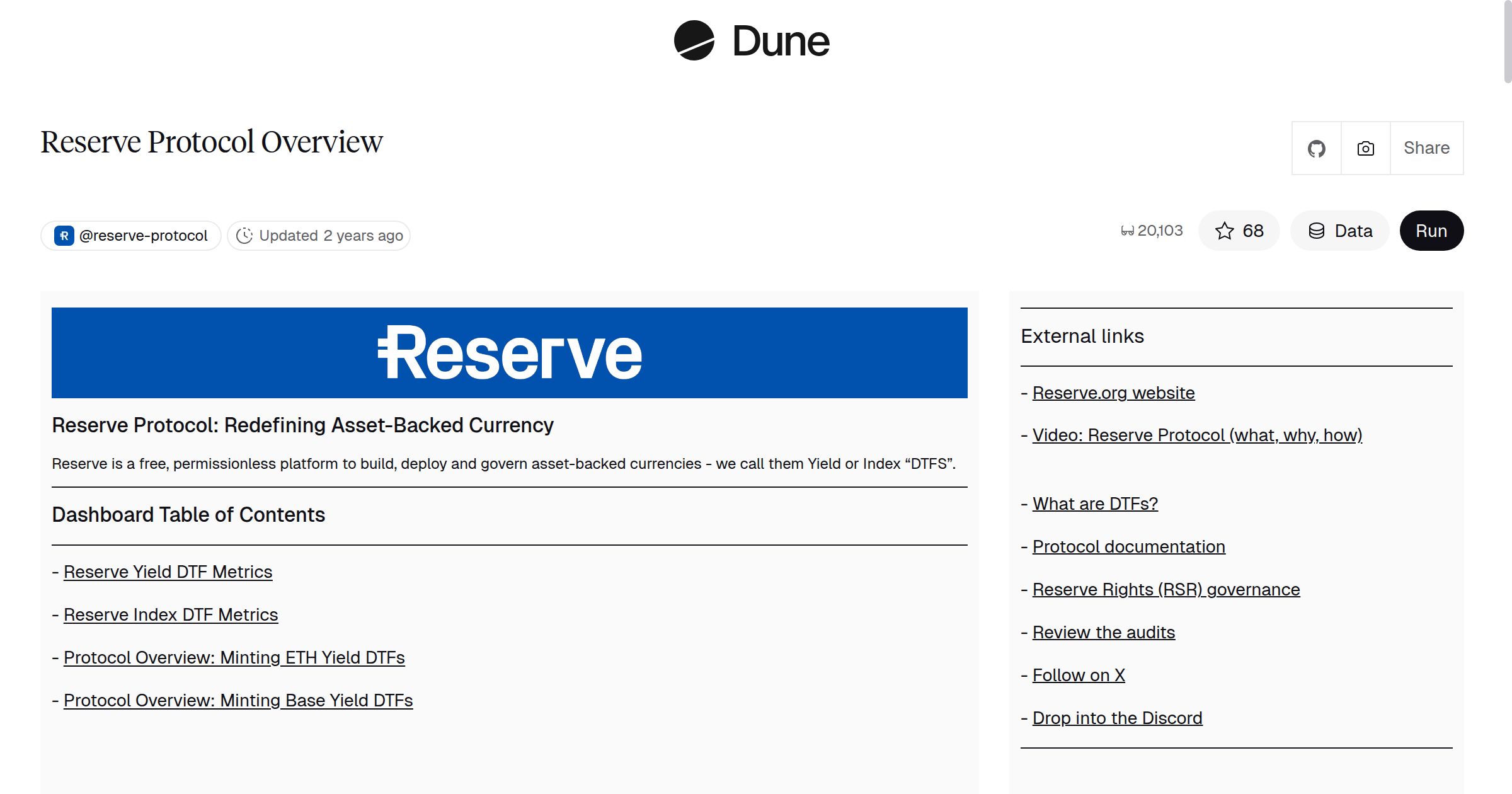 Reserve Protocol Overview Dune