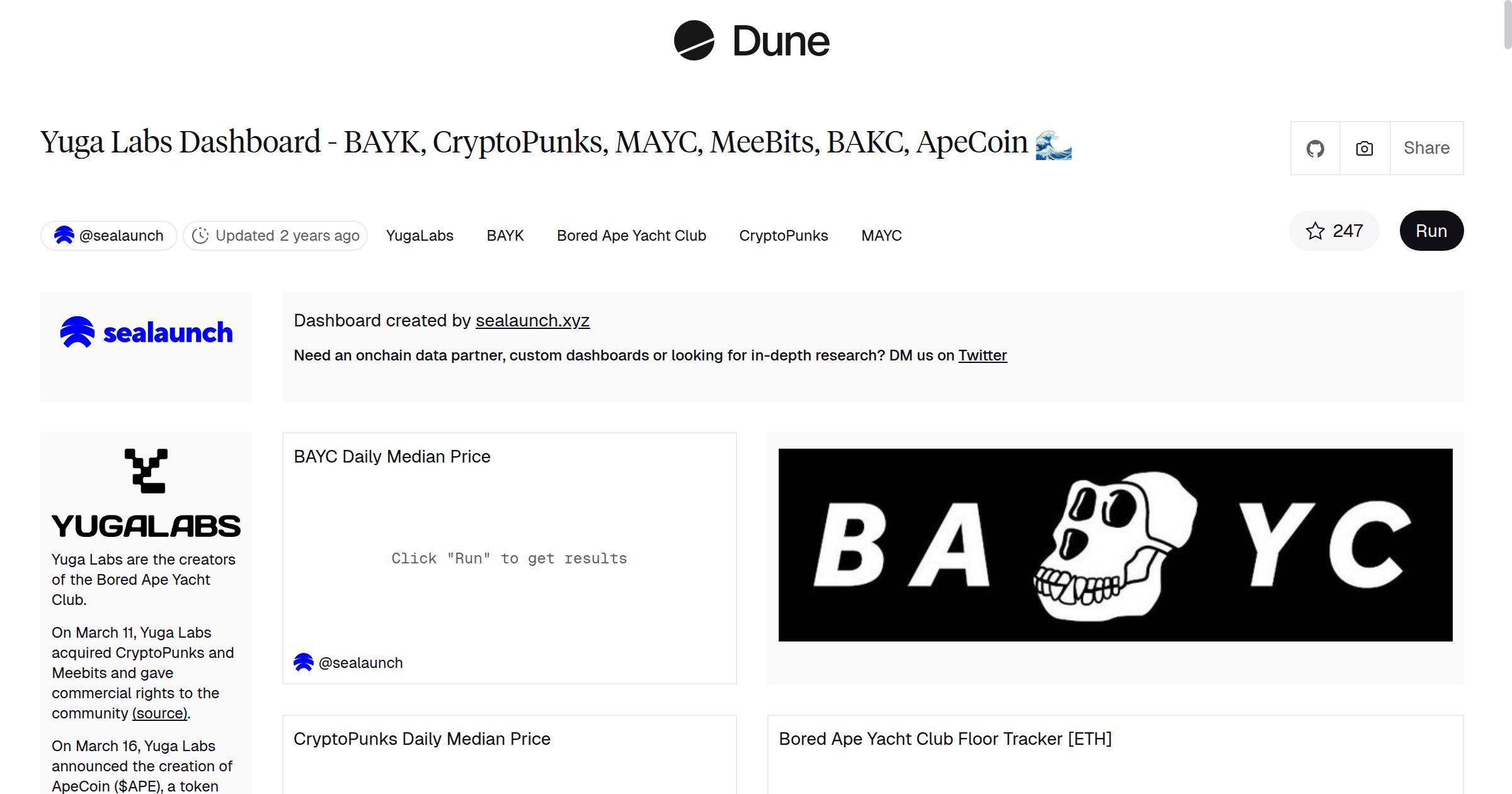 Yuga Labs Dashboard - BAYK, CryptoPunks, MAYC, MeeBits, BAKC, ApeCoin 🌊 |  Dune