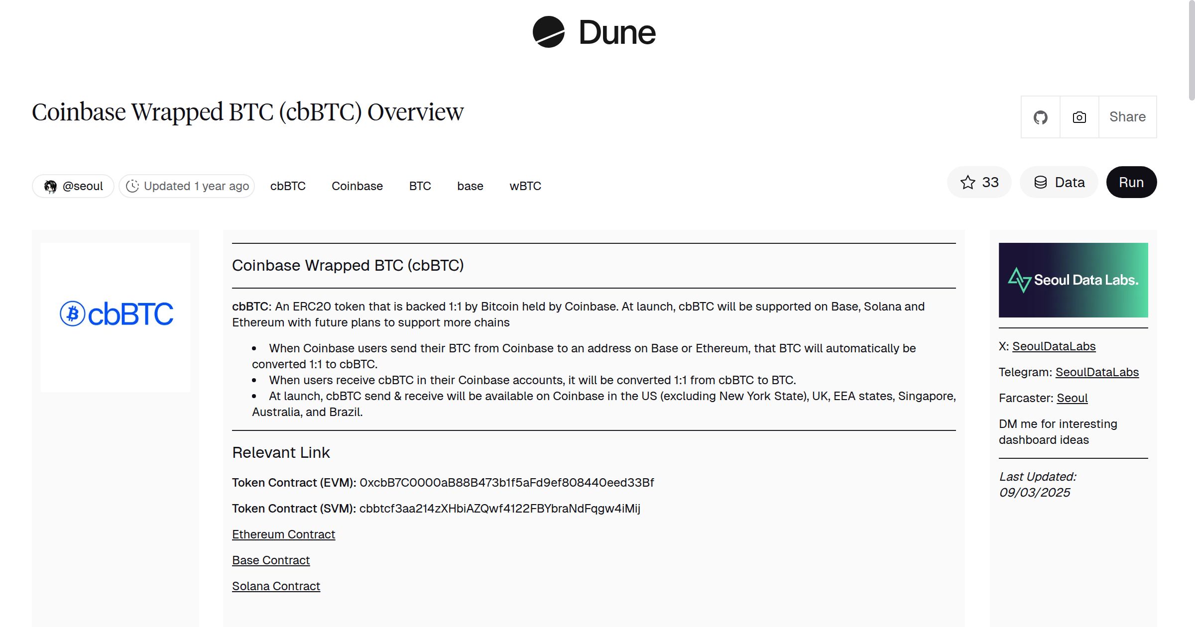 Coinbase Wrapped BTC (cbBTC) Overview | Dune
