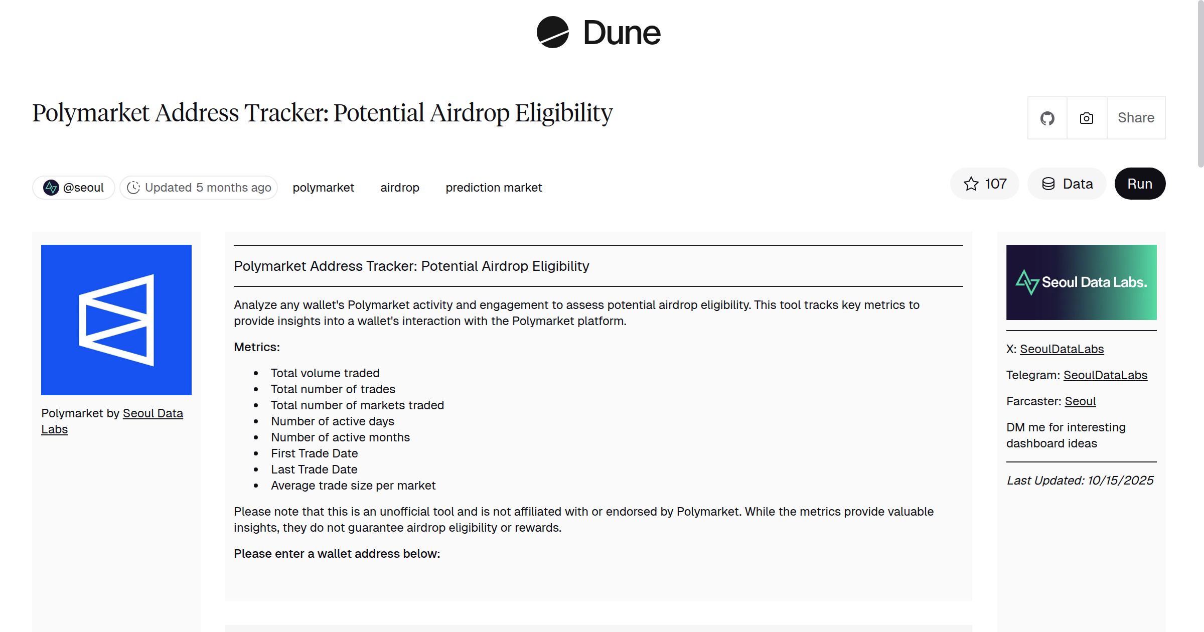 Polymarket Address Tracker: Potential Airdrop Eligibility | Dune