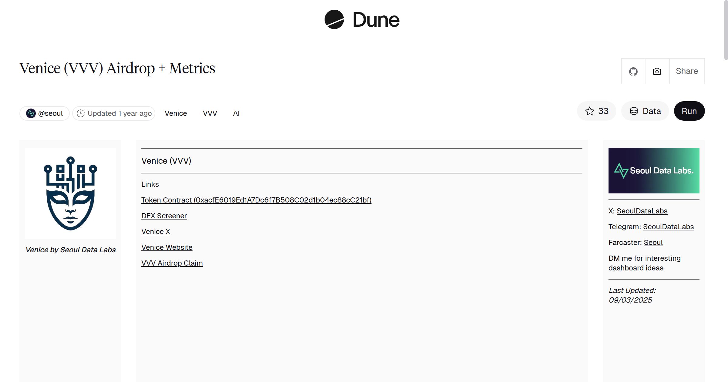 Venice (VVV) Airdrop + Metrics | Dune
