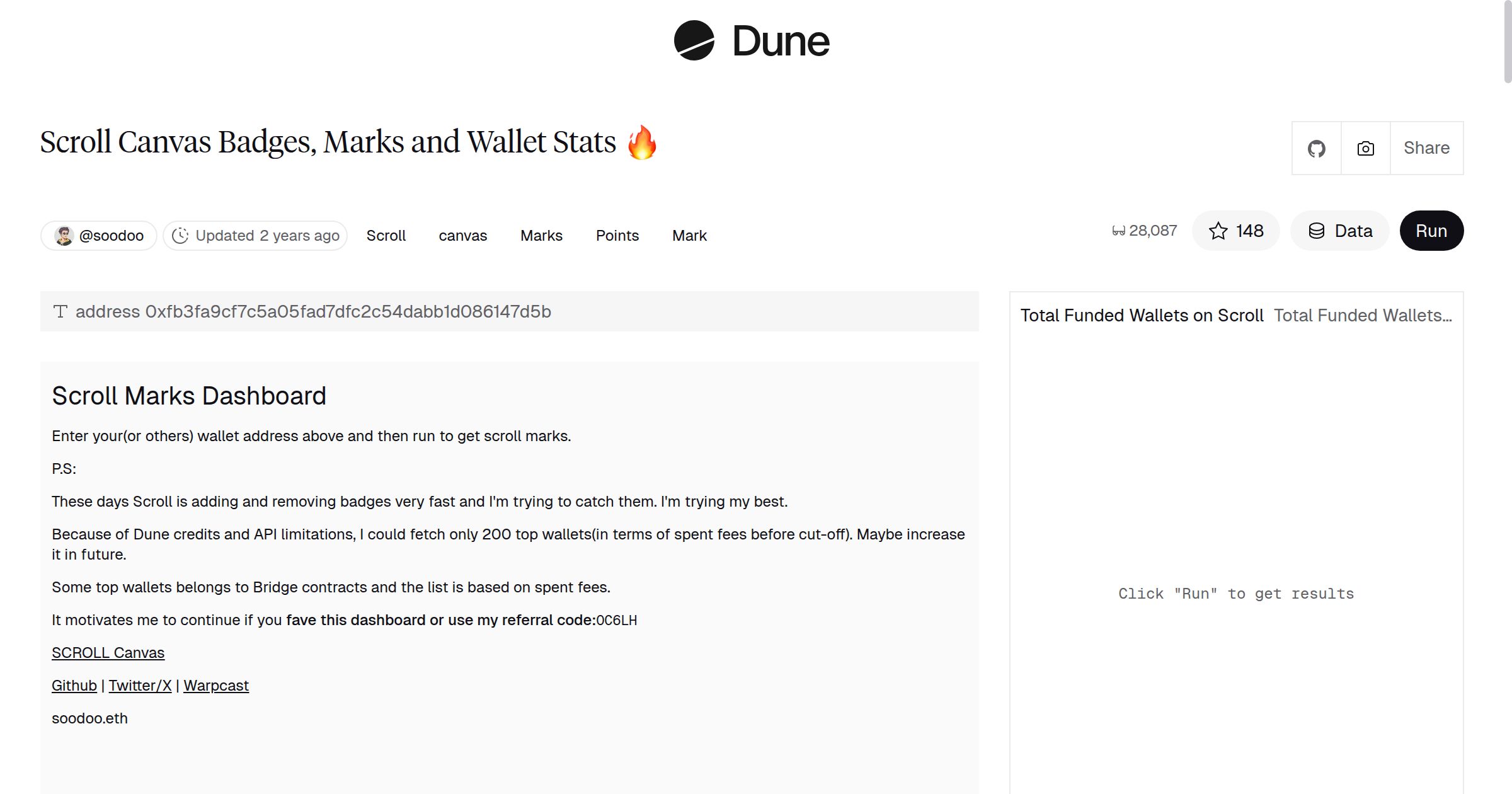 Scroll Canvas Badges, Marks and Wallet Stats 🔥 | Dune