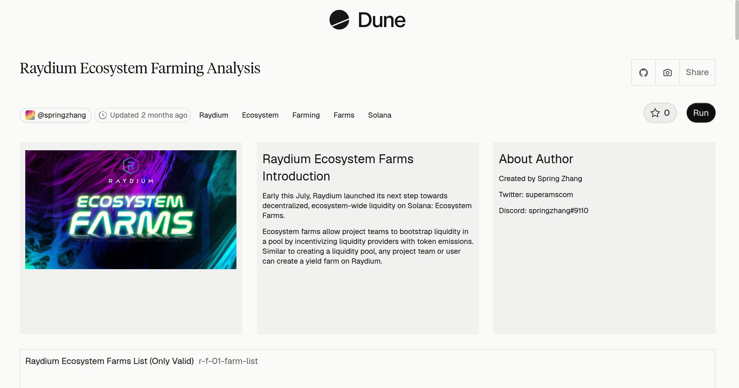 Raydium Ecosystem Farming Analysis | Dune