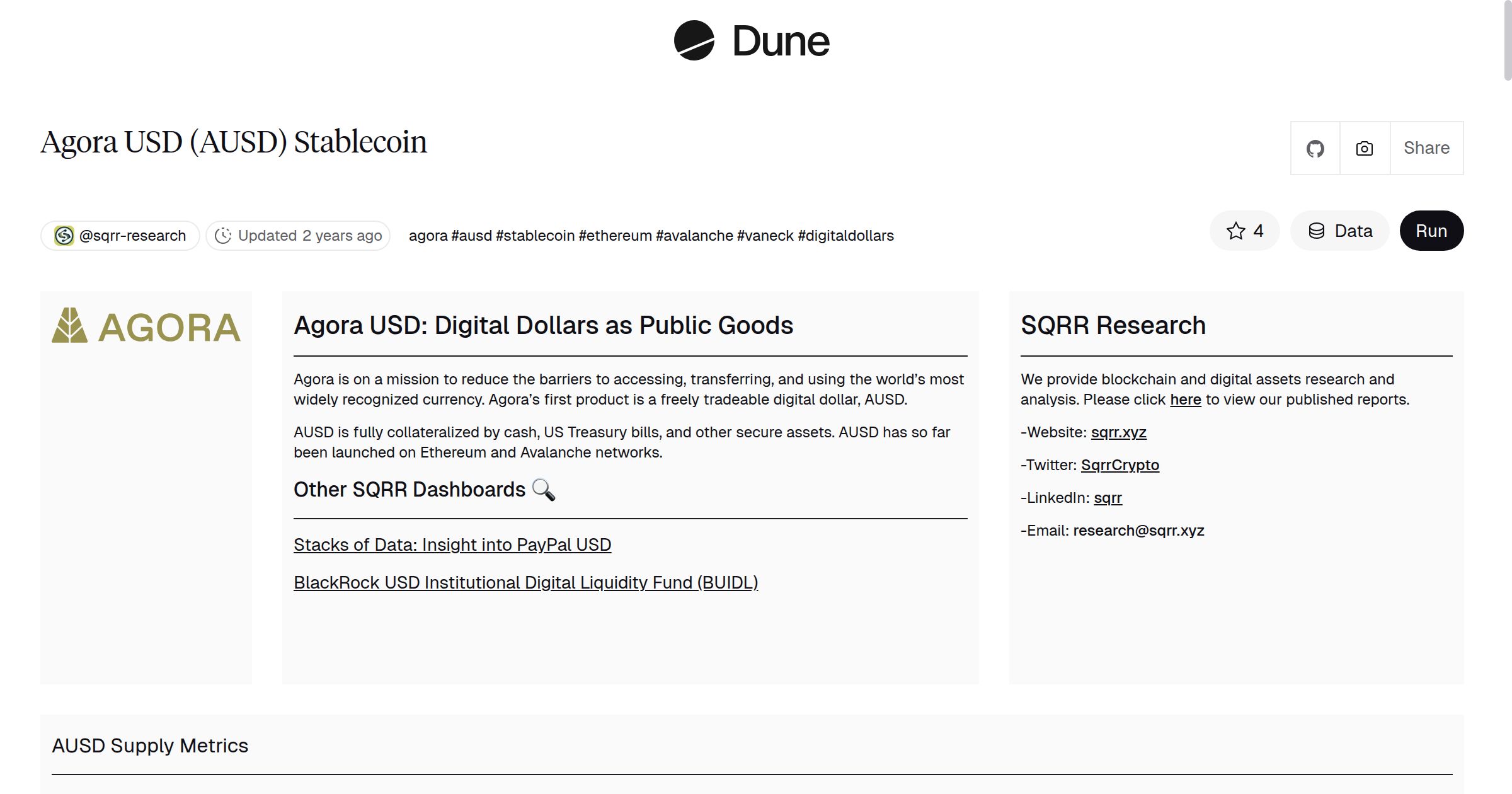 Agora USD (AUSD) Stablecoin | Dune