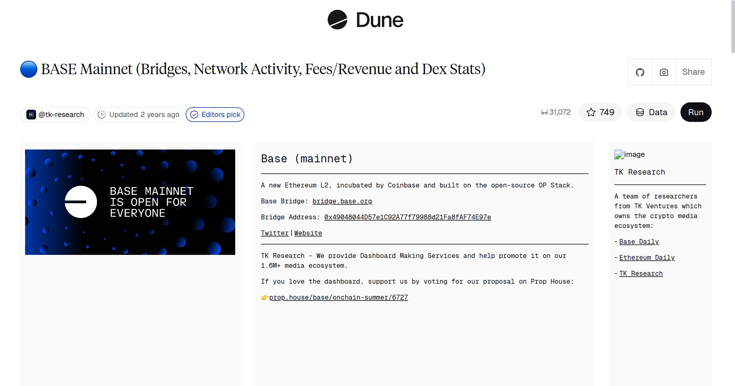 🔵 BASE Mainnet (Bridges, Network Activity, Fees/Revenue and Dex Stats) |  Dune