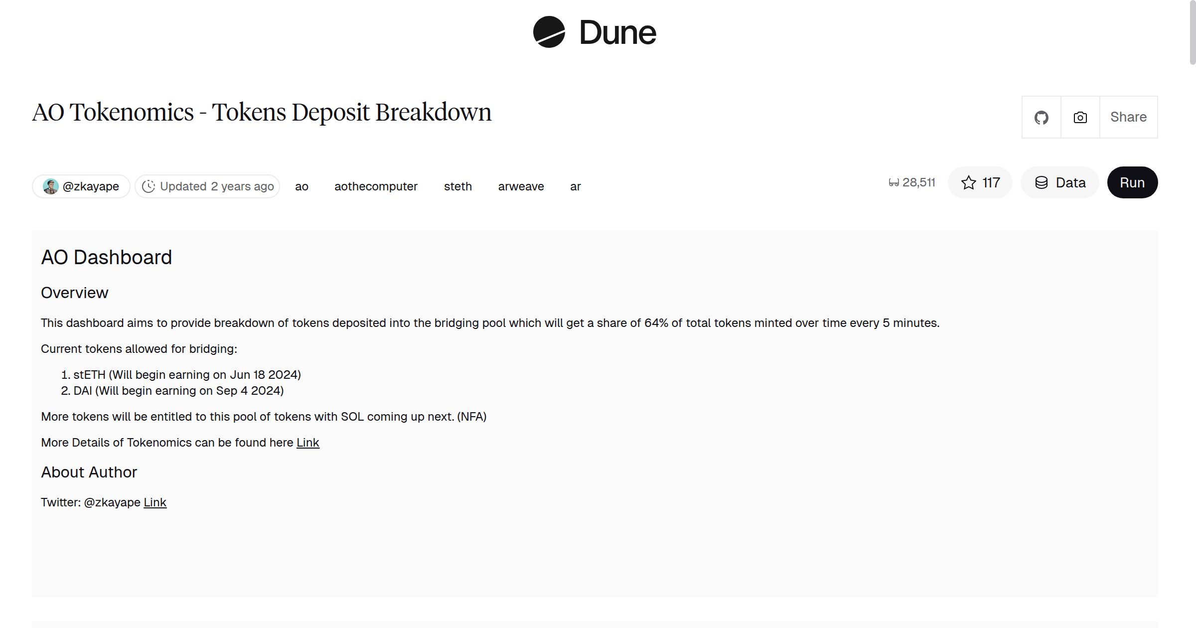AO Tokenomics - Tokens Deposit Breakdown | Dune